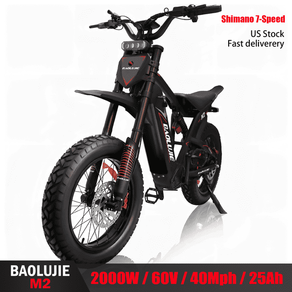 60V 2000W BAOLUJIE M2 Electric Dirt Bike for Adult ,60V25AH battery,40 MPH & Full Suspension,20" x 4.0" Fat Tires,SHIMANO 7 Speed ,Hydraulic Brake UL2849