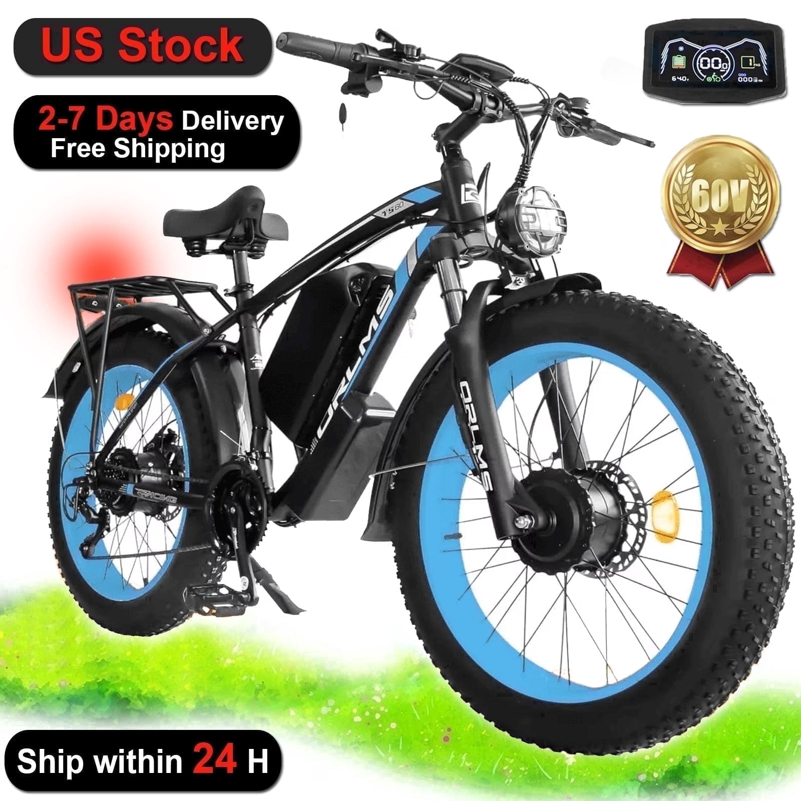 6000W Peak Dual Motor Ebike, 60V 25AH Battery Electric Bike for Adults,AWD 21-Speed 50MPH Mountain Snow E-Bike with 26" x 4.0 Fat Tire, Long Range Mountain Dirt Bike for Off-Road Snow Sand