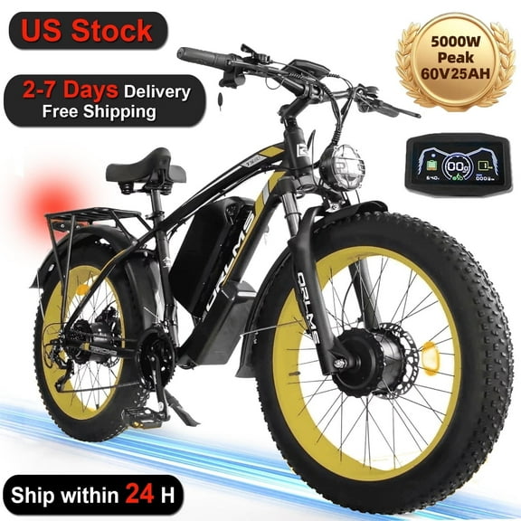 60V 25AH Battery Electric Bike for Adults,5000W Peak Dual Motor Ebike,AWD 21-Speed 50MPH Mountain Snow E-Bike with 26" x 4.0 Fat Tire, Long Range Mountain Dirt Bike for Off-Road Snow Sand