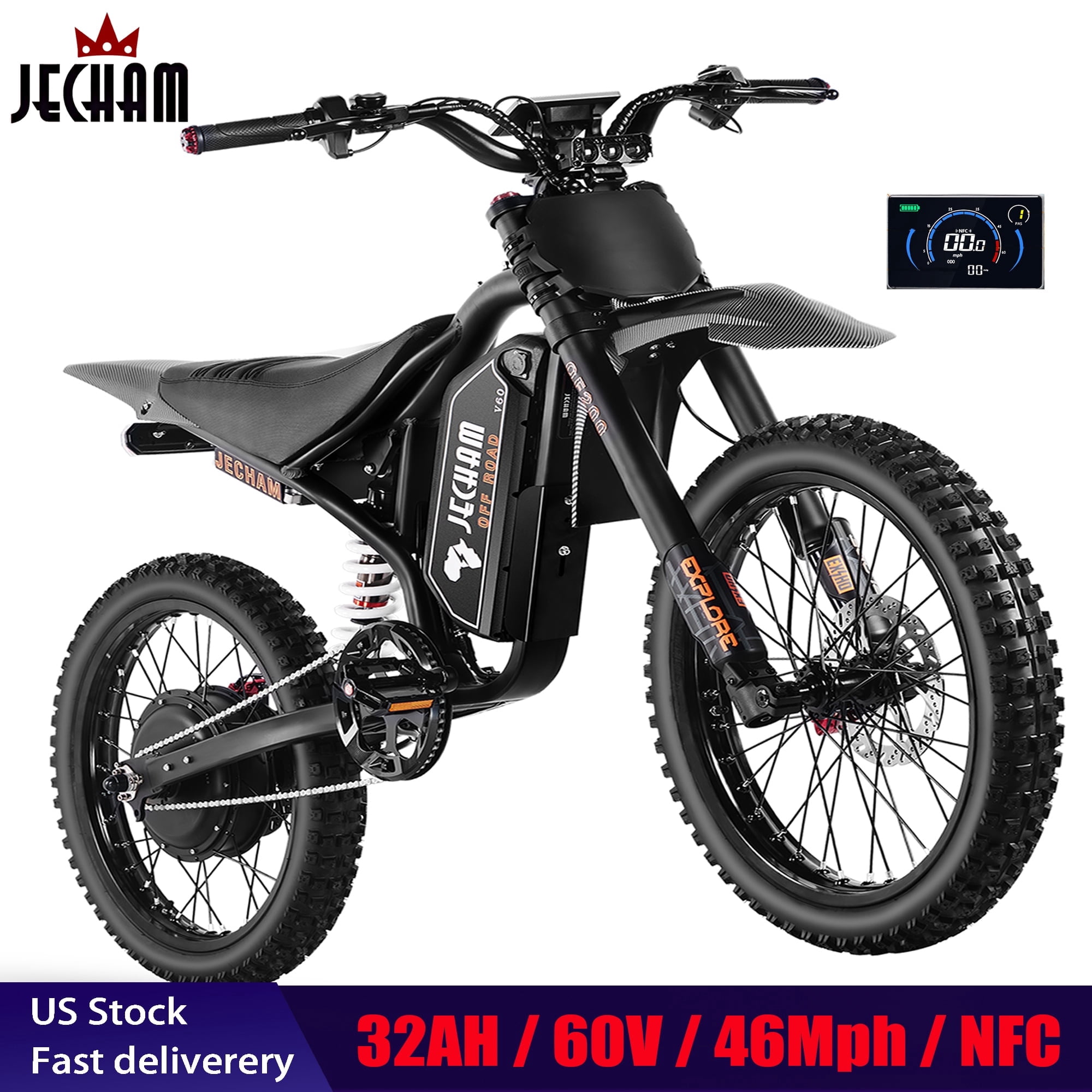 JECHAM QF200 PRO Electric Dirt Bike, 3000W, 60V 32Ah, 60-90 Miles Range, 47+ MPH, 19" Puncture-Resistant Tires, Full Suspension, Hydraulic Brakes, NFC Anti-Theft, UL2849