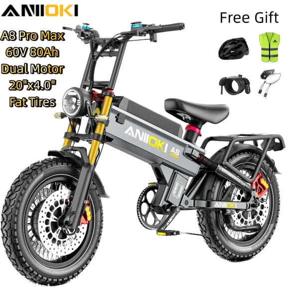 60V 70Ah ANIIOKI A8 Pro Max Dual Motor Electric Bike for Adults,5600W Peak,42 MPH,Full Suspension,20"x4.0" Fat Tires Mountain EBike