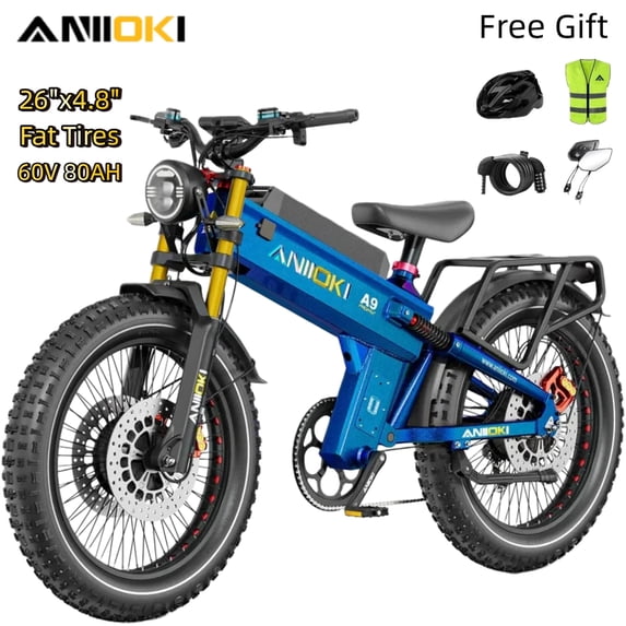 60V 80Ah ANIIOKI A9 Pro Max Dual Motor Off-Road Ebike,6000W Peak,45 MPH,Full Suspension,26"x4.8" Fat Tires,E-Bike for Adults