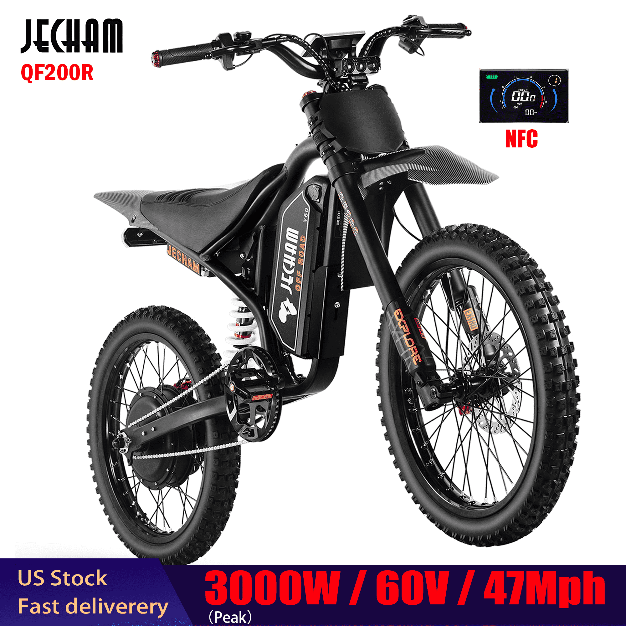 60V Off-Road Electric Dirt Bike for Adults & Teens,3000W Peak Motor 19x3.0 E-TrailX Electric Dirt Bike,32Ah Removable Battery, NFC Anti-Theft, Full Suspension Hydraulic Disc Brakes