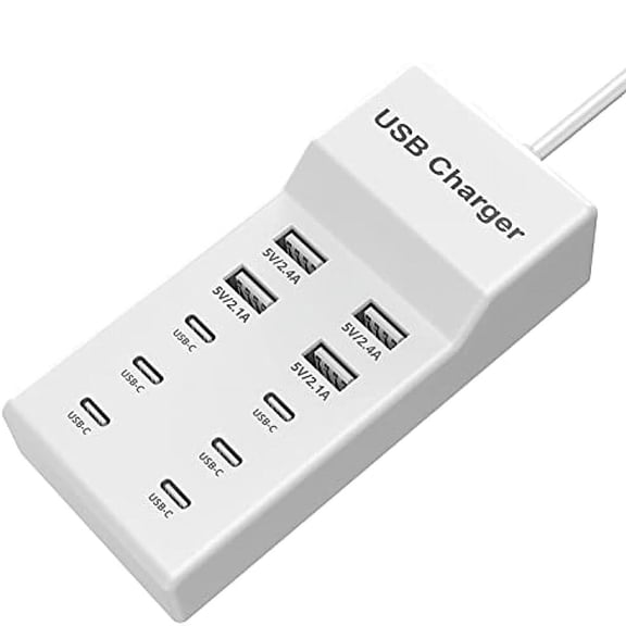 60W 10Port USB Charging Station, 6 USBC + 4 USBA MultiDevice Desktop Fast Charger Hub White