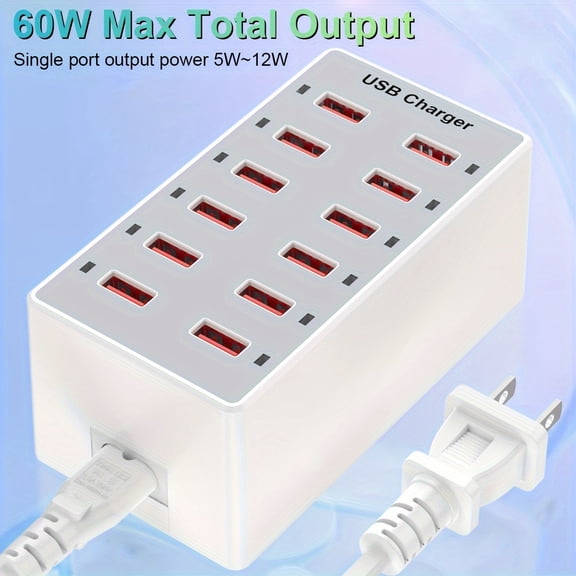 60W 12-Port USB Charging Station, Multi-Device Fast Charging Hub, Power Dock for iPhone, iPad, Samsung, Android Phones & Tablets