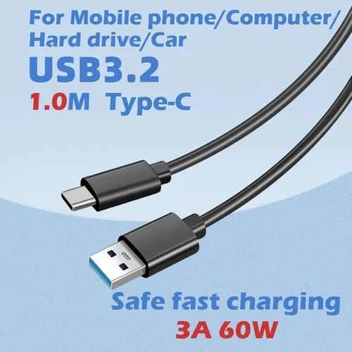 60W(3A) Usb A To Type C Fast Charging Date Sync Cable For Phone,Computer 1M New