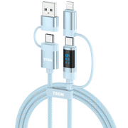 TRON 4 in 1 Charging Cable 60W, USB-C and USB-A to USB-C and L Connector Cord with Real Time Digital Power Display, 5FT Nylon Braided Fast Charger for iPhone 16 15 14, Android, Tablet, Blue