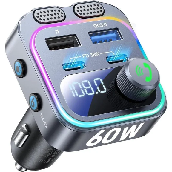 60W Bluetooth 5.4 FM Transmitter Car Adapter [Reinforced Dual Mics & Deep Bass] [Dual PD 60W & QC3.0] Fast Charging Handsfree Calling Wireless Radio Bluetooth Transmitter for Car