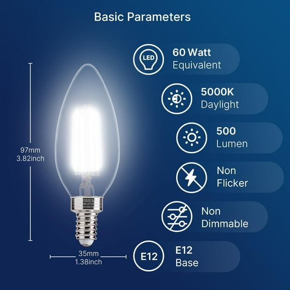 60W Equivalent LED Chandelier Light Bulbs, E12 Base, Clear B11 LED Filament Candelabra Bulbs, 5000K Daylight, 500LM, 5 Pack, Non-Dimmable, CRI82
