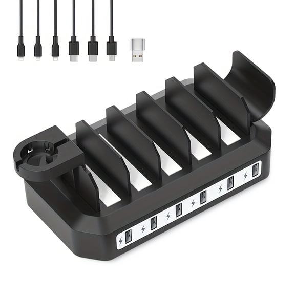 60W Fast Charging Station with 6 Ports and Cables - Universal Charging Dock for Phones, Tablets, E-Readers, Smartwatches and Other Electronic Devices