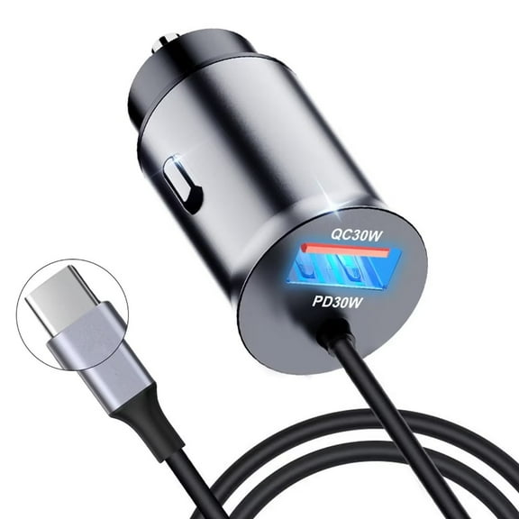 60W Metal Mini 12V/24V USB Car Charger, Dual Ports [30W QC Port & 4ft 30W USB-C Charging Cable] Fast Charging USB C Car Charger Adapter for iPhone, Samsung, iPad Etc