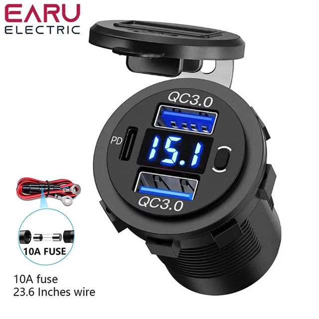 60W PD Dual QC 3.0 USB Charger with Digital Voltmeter Switch Socket