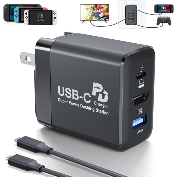 60W Portable Dock Charger for Switch 2 / Switch/OLED, 4K@60Hz HDMI USB-C TV Docking Station with PD 3.0 Fast Charging, Foldable Plug & 1.5m Cable, Compatible with Steam Deck, ROG Ally