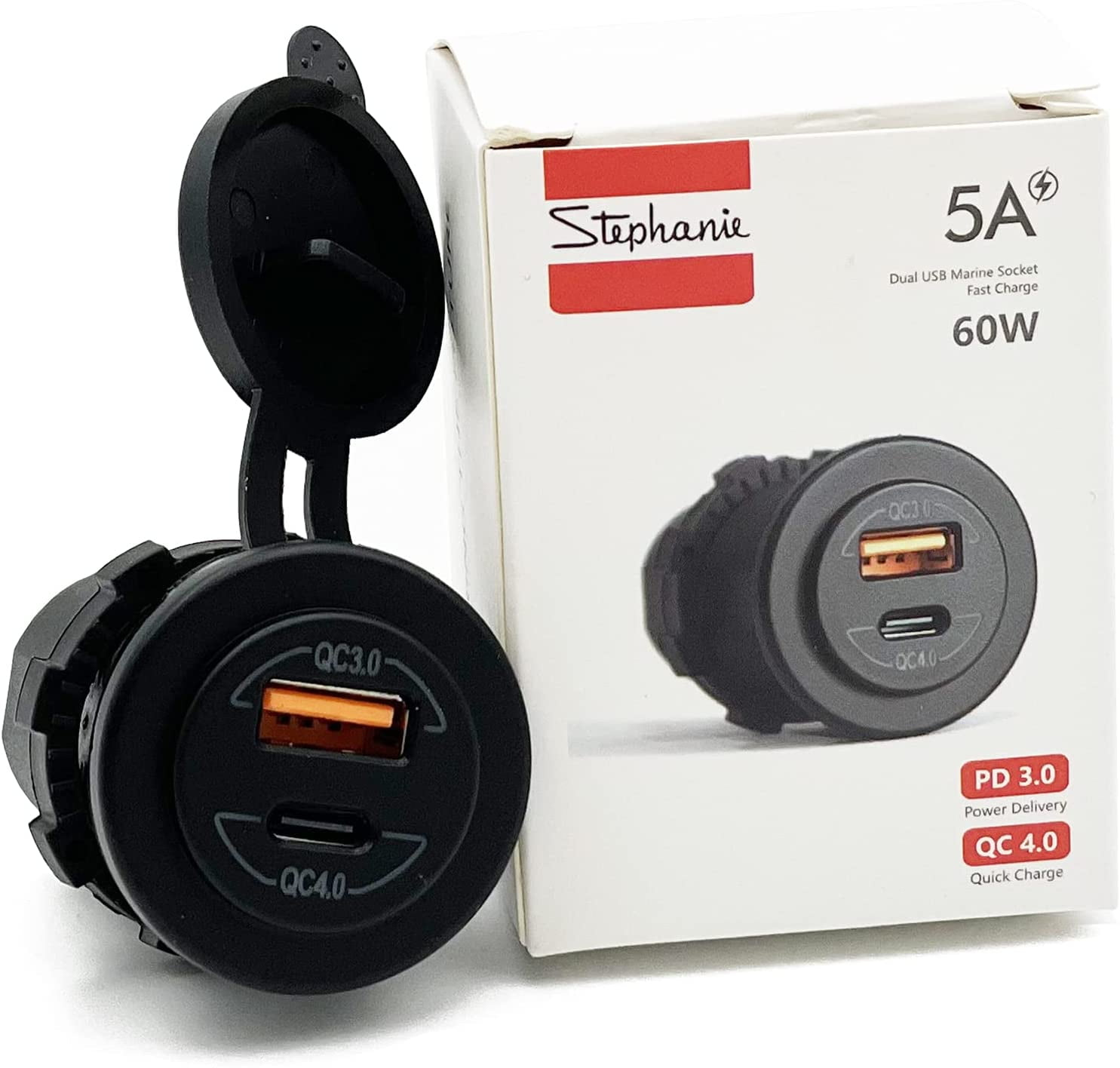 60W Socket Dual USB Type C PD 3.0 (60W) + USB A (36W) Fast Charger for Car, Boat, Marine & RVs