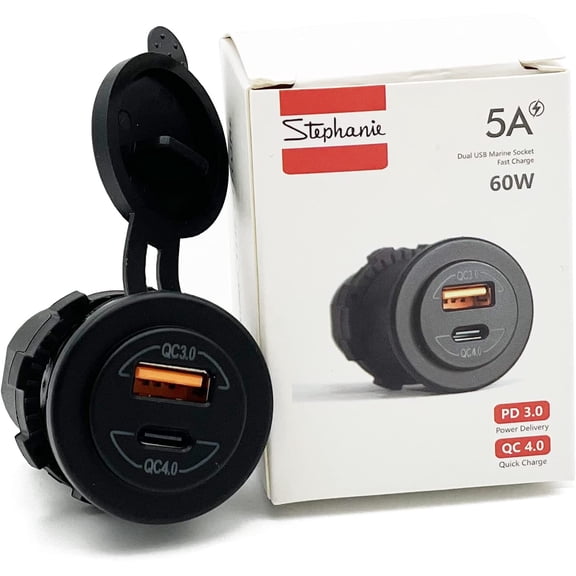 60W Socket Dual USB Type C PD 3.0 (60W) + USB A (36W) Fast Charger for Car, Boat, Marine & RVs