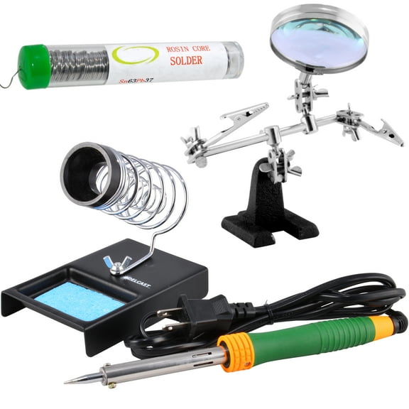 60W Soldering Iron Tool Kit with Soldering Iron Stand, Helping Hands Board Holder, 63/37 Solder (4 Piece Set)