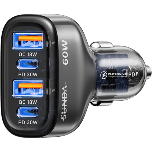 60W USB C Fast Car Charger, 4-Ports Car Charger Adapter, Dual Type C PD30W/PPS30W Compatible with iPhone15/14 Pro/Max/iPhone13/Galaxy/SamsungS23, Dual USB-A 18W QC3.0 for Android(Gray)
