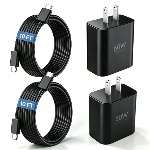 60W USB‑C Super Fast Wall Charger 2‑Pack, Fast Charging Android Phone Charger Block with 10FT Extra Long Type‑C Cable Cord, Compatible with Samsung Galaxy S26 Ultra/S26+/S25/S24/S23, iPhone 17/16/15