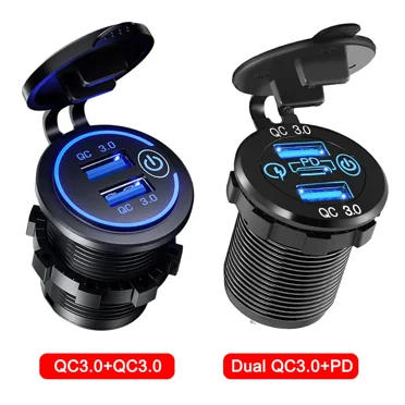 60W USB Car Charger Socket Waterproof Fast Charge Adapter PD Type C & Dual QC3.0 Power Outlet with Switch for Marine Motorcycle