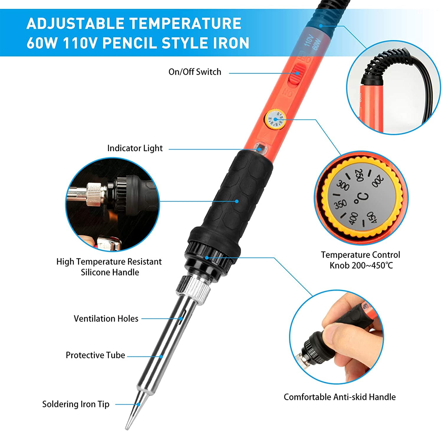 60W Upgraded Soldering Iron Kit with Adjustable Temperature, On/Off ...