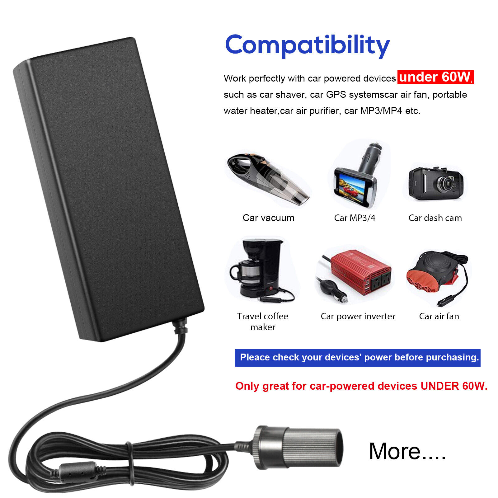 60W Vehicle Power Inverters 110V AC to 12V DC Car Cigarette Lighter