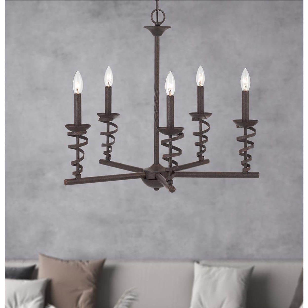 Elegant Textured Black Iron Candlestick Chandelier with Cork Accents