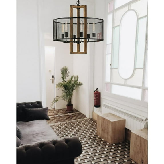 60W X 6 Monza Wood Chandelier With Mesh Shade (Edison Bulbs Not Included)