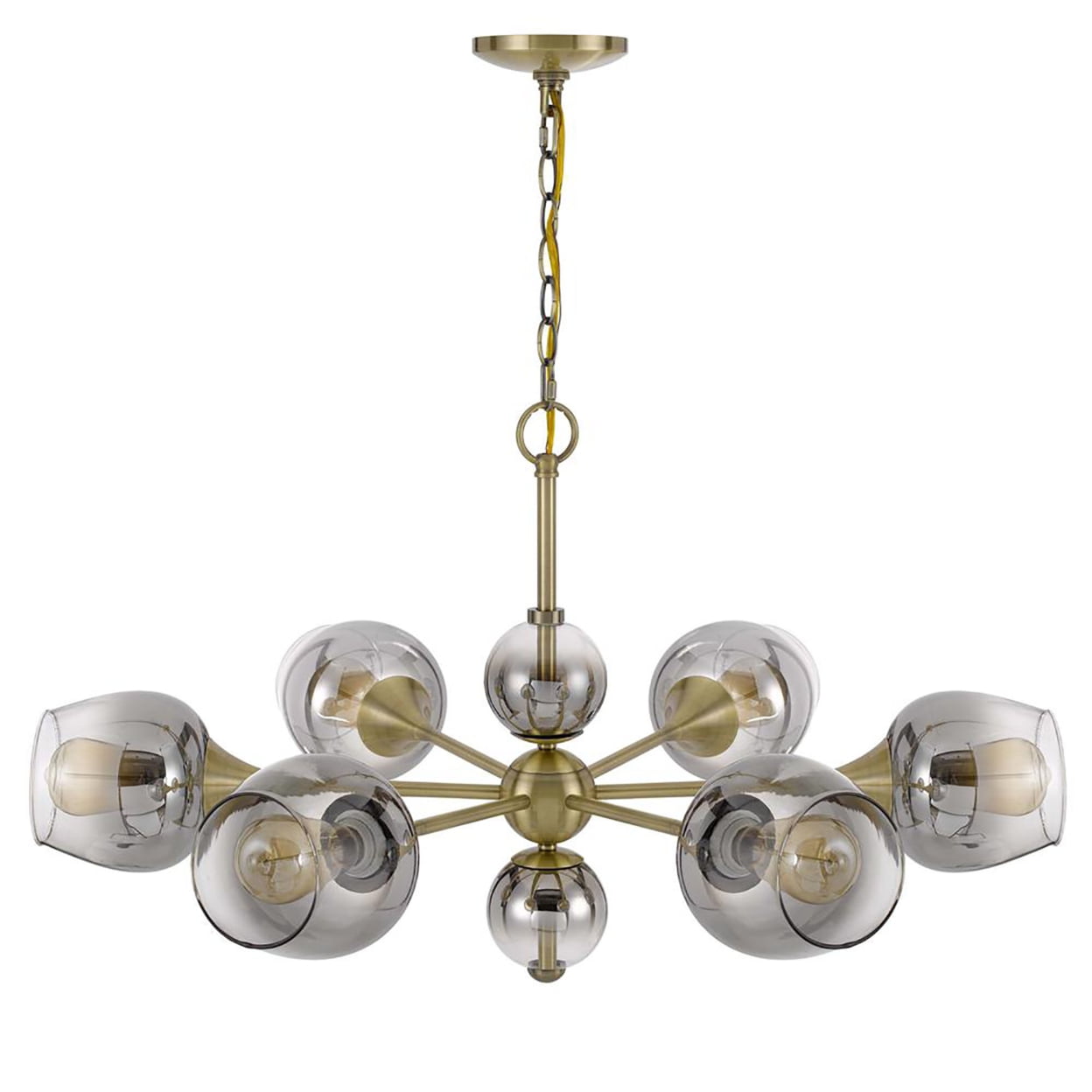 Antique Brass Sputnik Chandelier with Smoked Glass Shades