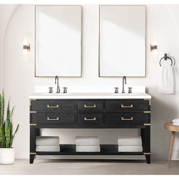 60W x 22D black oak double bath vanity | Comes with four drawers, open shelf and polished marble | Provides practical storage and elegant look