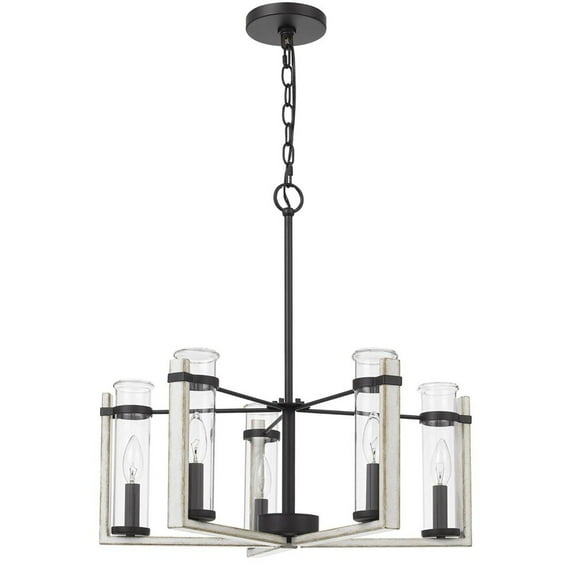 60Wx 5 Olivette Metal Chandelier With Glass Shade, White Washed