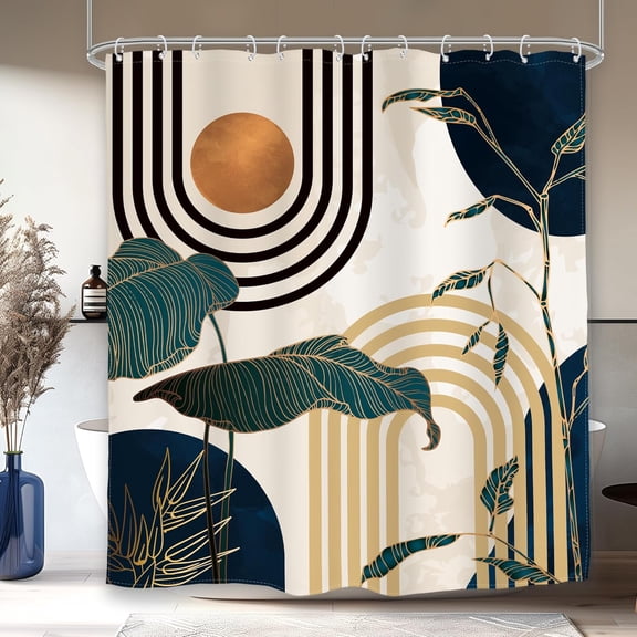 60Wx72L inch Abstract retro mid-century shower curtain bathroom decor, minimalist tropical home decor 12-pack hooks
