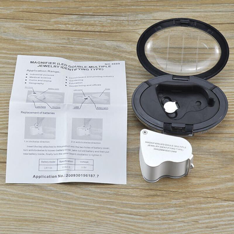 60X 30X Pocket Jewellers Eye Loupe Magnifier Jewelry Magnifying Glass LED Light