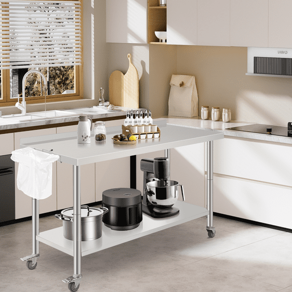 60X24x35 Inch Stainless Steel Work Table with Double Shelf, Heavy Duty Prep Station for Kitchen Restaurant or Garage Storage