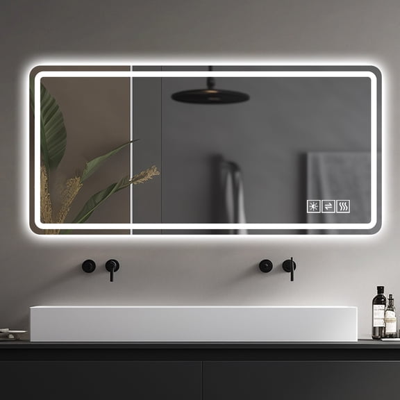 60X28 Inch LED Bathroom Mirror Vanity Mirrors with Front Lights Wall Mounted Anti-Fog Frameless Make Up Mirror with Light 5 mm Silver Mirror Horizontal