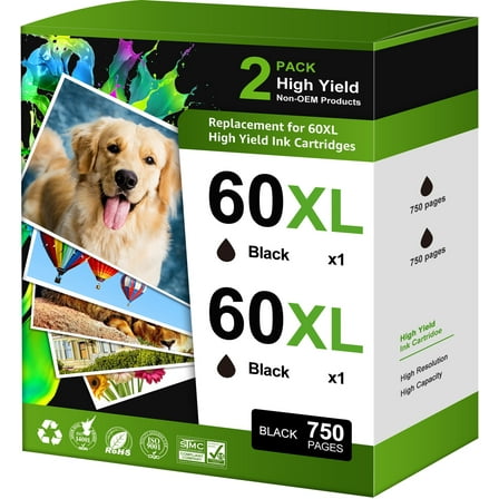 60XL Ink Cartridge (2BK) Compatible with HP 60 Black Ink Cartridge HP 60 Ink Cartridge Envy 110 120