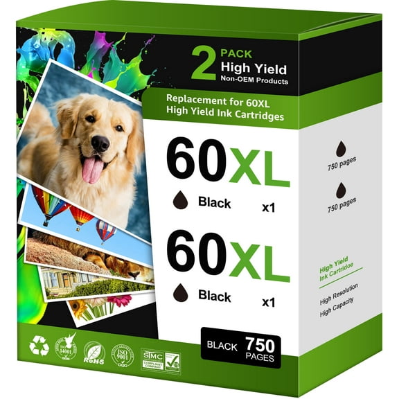 60XL Ink Cartridge (2BK) Compatible with HP 60 Black Ink Cartridge HP 60 Ink Cartridge Envy 110 120