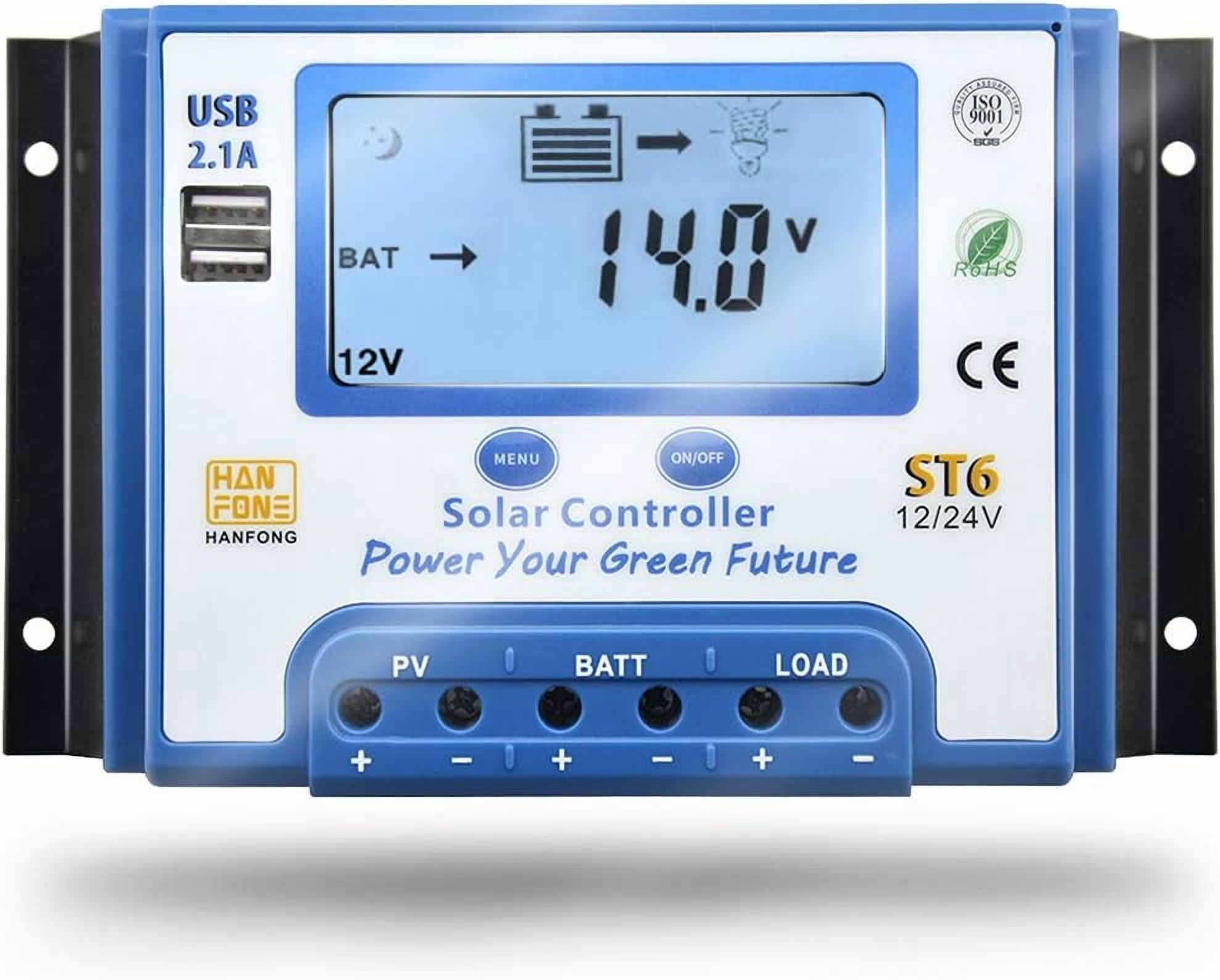 60a solar charge controller 12v/24v automatic voltage recognition solar panel charging discharge regulator with dual 5v usb output backlight lcd display
