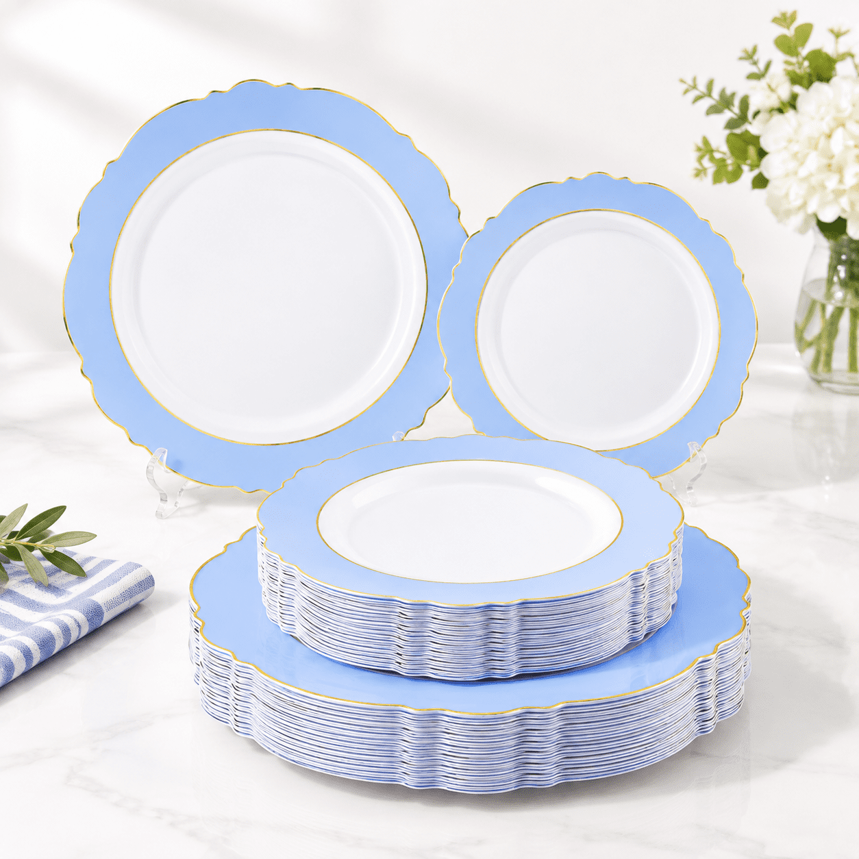 60blue Plates Disposable With Rim - Baroque Plastic Party For Wedding 60blue Plates Disposable With Rim - Baroque Plastic Party For Wedding
