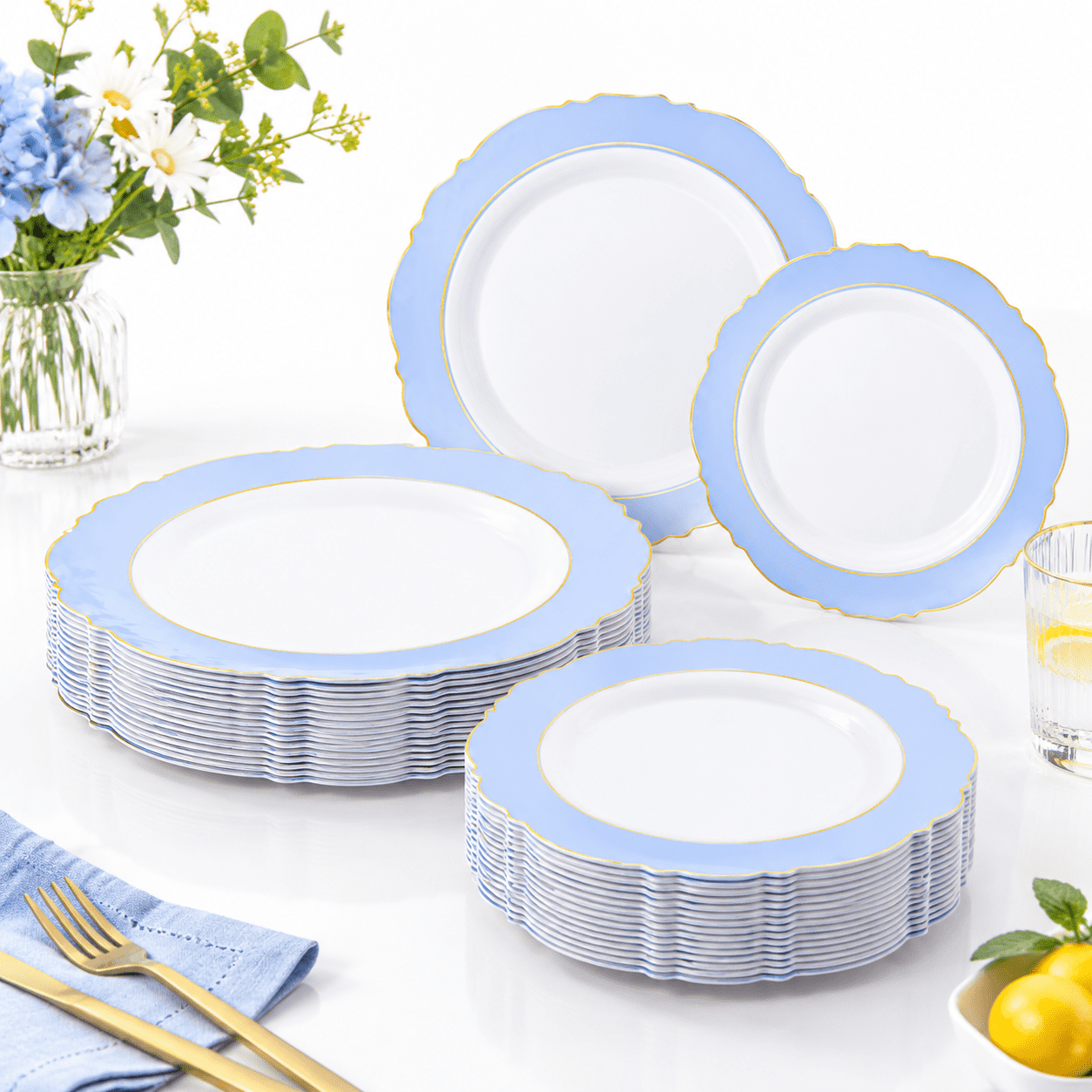 60blue Plates Disposable With Rim - Baroque Plastic Party For Wedding 60blue Plates Disposable With Rim - Baroque Plastic Party For Wedding