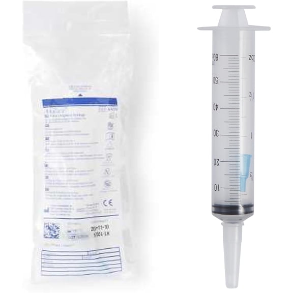 60cc Sterile Irrigation Syringe Flat Top, Small Tube Adapter, Tip Protector, 20 pk