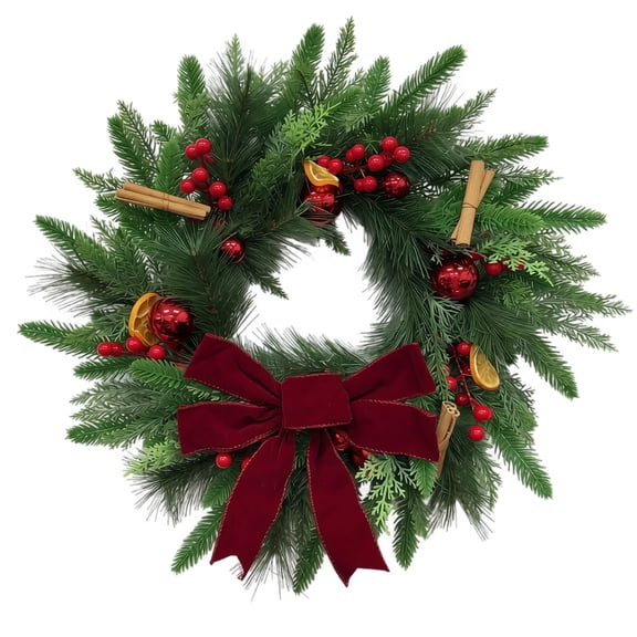60cm Artificial Pine Needle Wreath with Lemon Slices Red Berries Cinnamon Sticks Velvet Bow for Indoor Outdoor Use