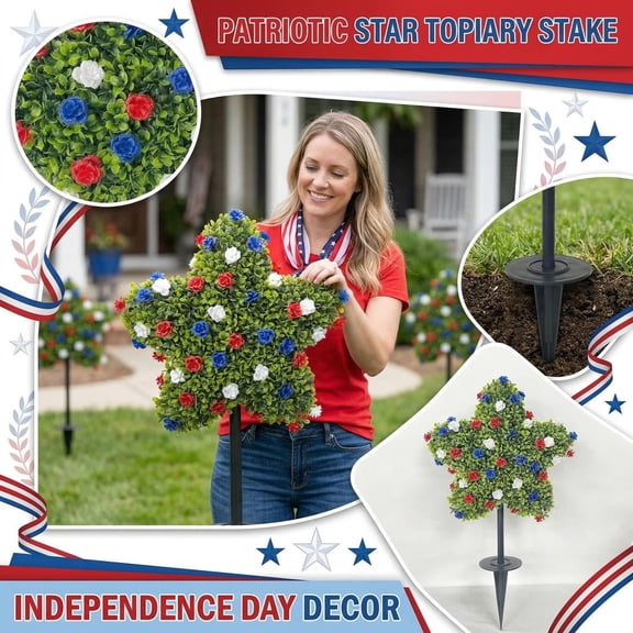60cm Artificial Star-Shaped Patriotic Topiary Tree, Red White Blue, with Stakes,Waterproof, for 4th of July, Memorial Day, Front Door, Outdoor Decor