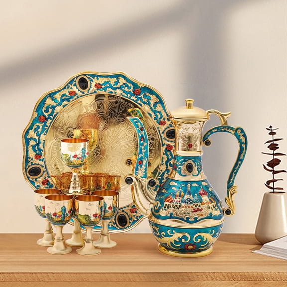 Gold-Blue Relief Design, 800ml Multifunctional Beverage Server, Non-Slip Tray Included, Vintage Tea Set for Wine/Tea Display