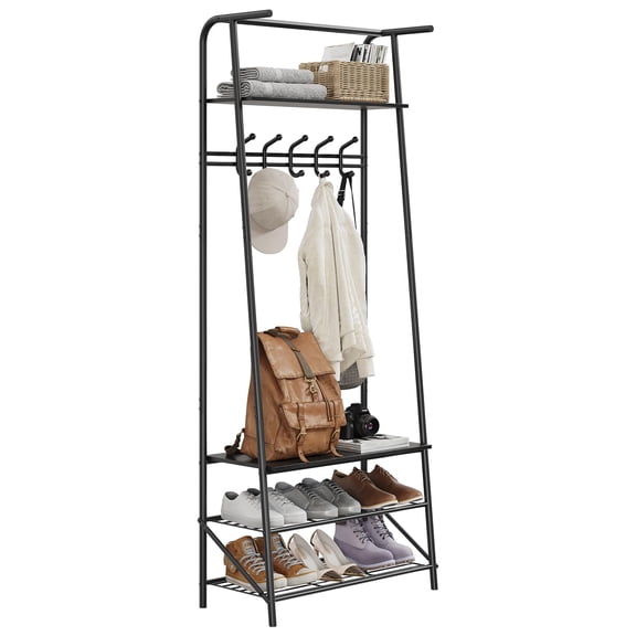 60cm Black Wood Metal Combined Coat Rack, Five Single Hooks Household Passage Storage Bench