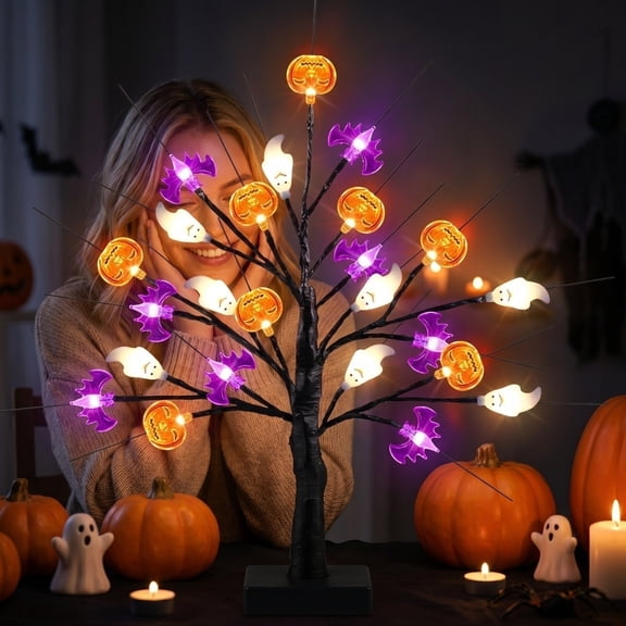 60cm Light Up Black Halloween Tree Tabletop Decor, Pumpkin Ghost Bat LED Spooky Tree Lamp, Battery Operated Indoor Holiday Centerpiece Ornament (Red)