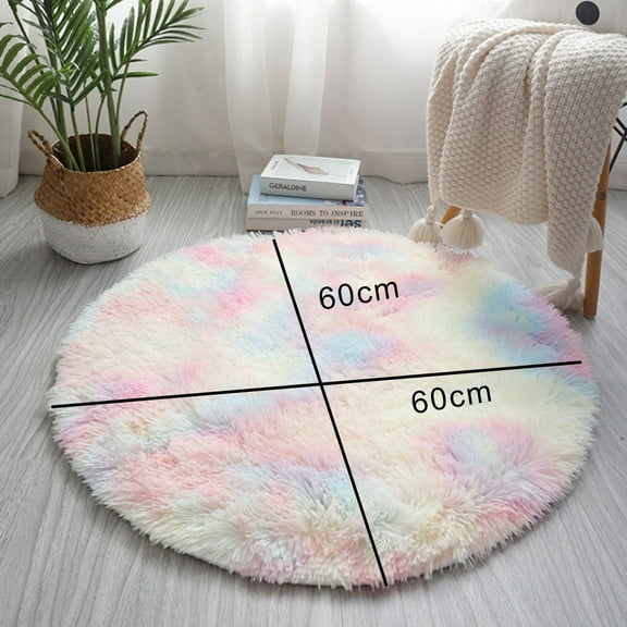 60cm Rainbow Round Rugs Mats Anti-Skid Shaggy Room Carpet Floor Mat For Bedroom Living Room Kitchen Bathroom Anti-slip Carpet Smile Home