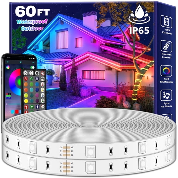 60ft Outdoor LED Strip Lights Waterproof IP67,RGB Led Light Strips with Remote Control and Music Sync Mains Powered for Outside Garden House Pool Roof Lawn Decor