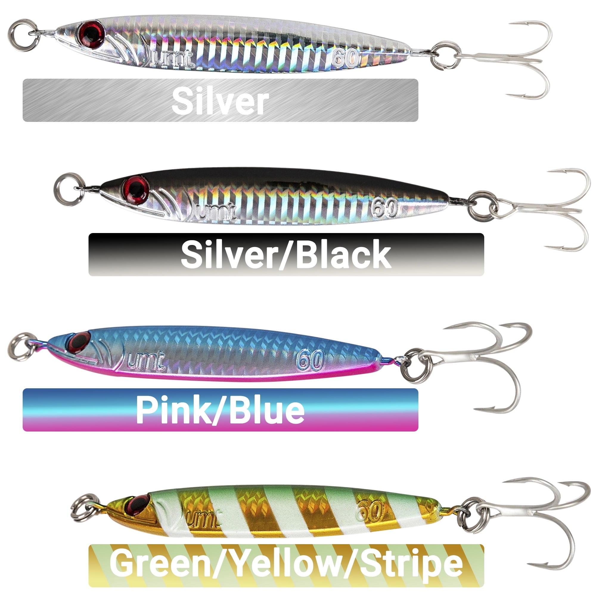60g Multicolor Casting Jigs (4Pk) by UMT - Saltwater & Freshwater Fishing Jig for Sea Bass, Fluke, Porgy - Treble Hooks
