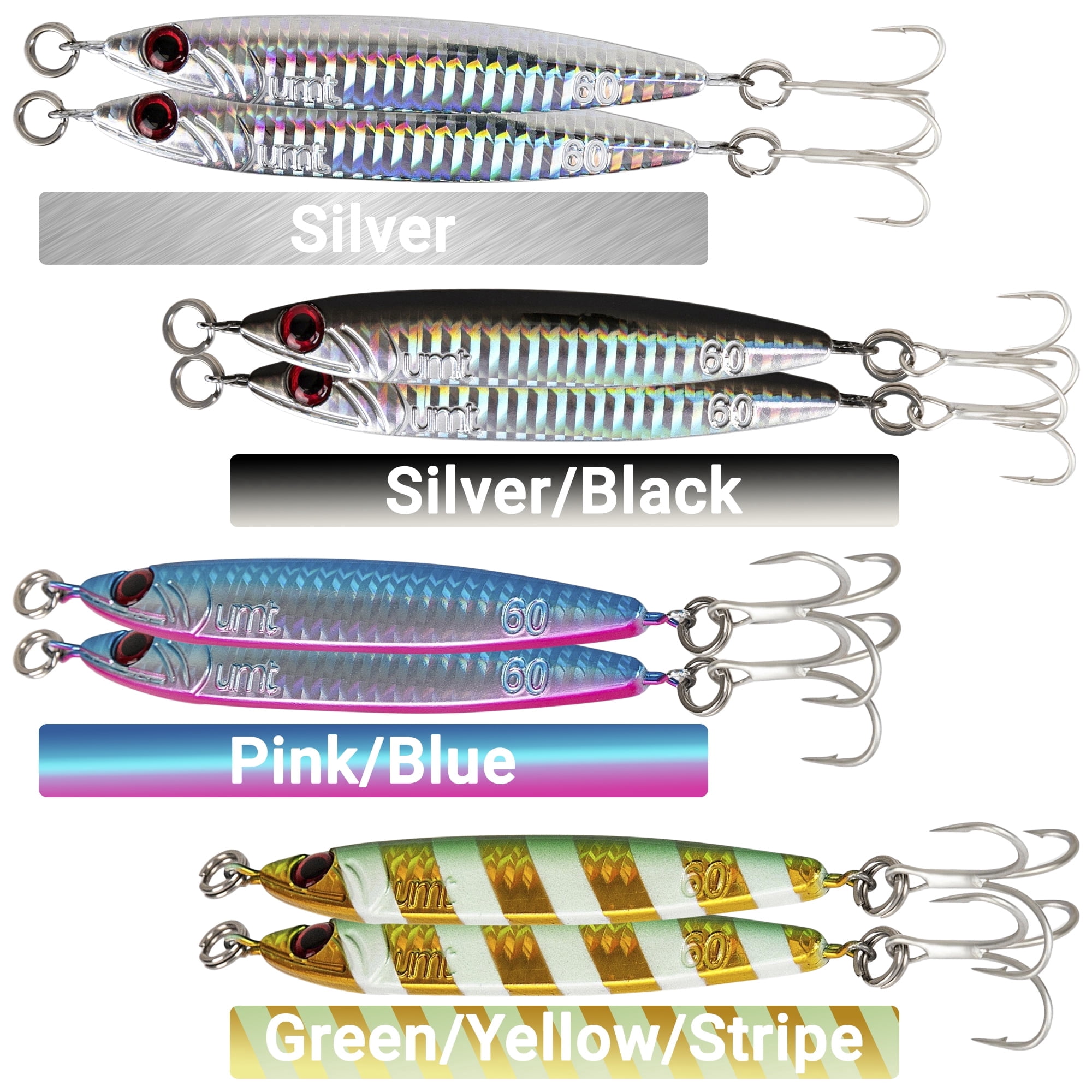 60g Multicolor Casting Jigs (8Pk) by UMT - Saltwater & Freshwater Fishing Jig for Sea Bass, Fluke, Porgy - Treble Hooks