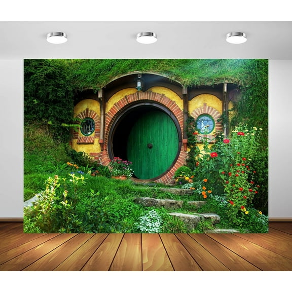 60in*80in Fabric Hobbiton Cave Backdrop Matamata Rural Green Garden Living Cabin Cave Background for Hobbit Theme Party Birthday Party Decorations for Lord of Rings Fans Photo Props
